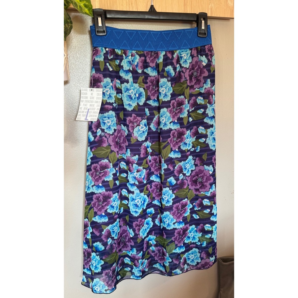 LuLaRoe Lola Floral Midi Skirt Blue Purple Chiffon Layered Elastic Waist Large